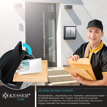 Поштова скринька KESSER® з газетницею та іменним шильдиком, нержавіюча сталь, матова, з оглядовим вікном, 3 ключі, порошкове покриття, настінний монтаж, велика, з матеріалом для монтажу (Чорний / Срібний)