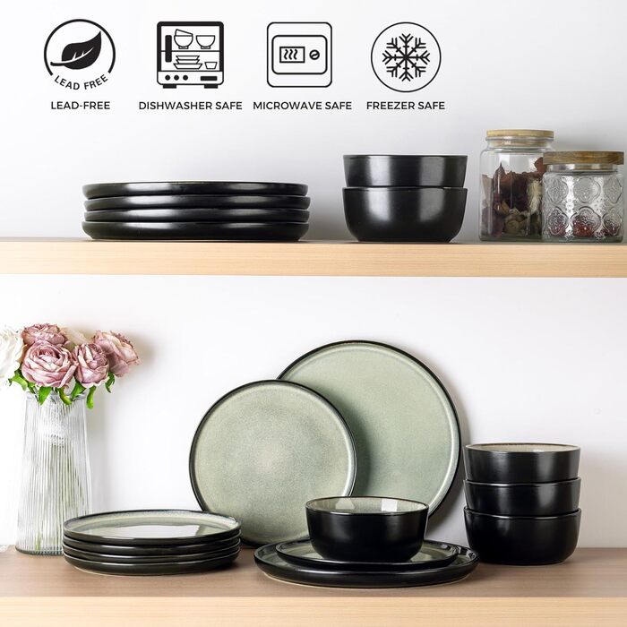 Набір посуду AmorArc з кераміки на 4 особи: тарілки та миски, реактивна глазур, міцний, для миття в посудомийній машині та використання в мікрохвильовці, комплект на 8 осіб (24 елементи) (Сервіз на 4, матовий чорний, оливковий)