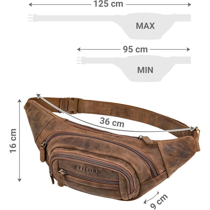STILORD 'Dublin' чоловіча поясна сумка з натуральної шкіри велика, водовідштовхуюча, захист від крадіжки, багато відділень, XXL, для подорожей, активного відпочинку, фестивалів, колір: коричневий (Mittel - Braun)