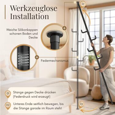 Extendable Coat Rack, 5 Hooks [Black, 110-310cm] – Telescopic Clothes Rack, Stable – Space-Saving Closet, Metal – Butler for Men, Bedroom – Entranceway Closet – Clothes Rail Balcony