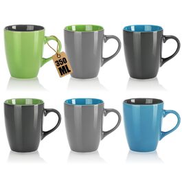 Набір керамічних чашок Com-Four® 6 шт. 350 мл - чайник для гарячих та холодних напоїв, сучасний дизайн, блакитно-зелено-сірий, з ручкою