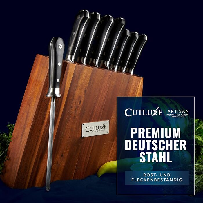Набір ножів CUTLUXE Artisan Serie 8 предметів з бруском: кухарський ніж, сантoku, ніж для м'яса та інші. Виготовлено з високоякісної вуглецевої сталі, повнорозмірний клинок, блок з натурального акації.
