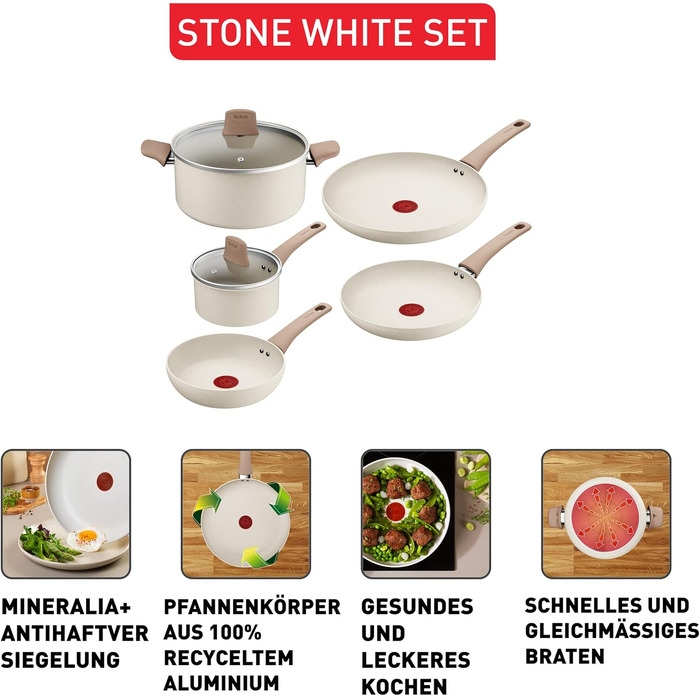 Набір посуду Tefal Mineralia+ Stone White On, 7 предметів, антипригарне покриття, Thermo-Signal, для всіх типів плит, білий, G199S544