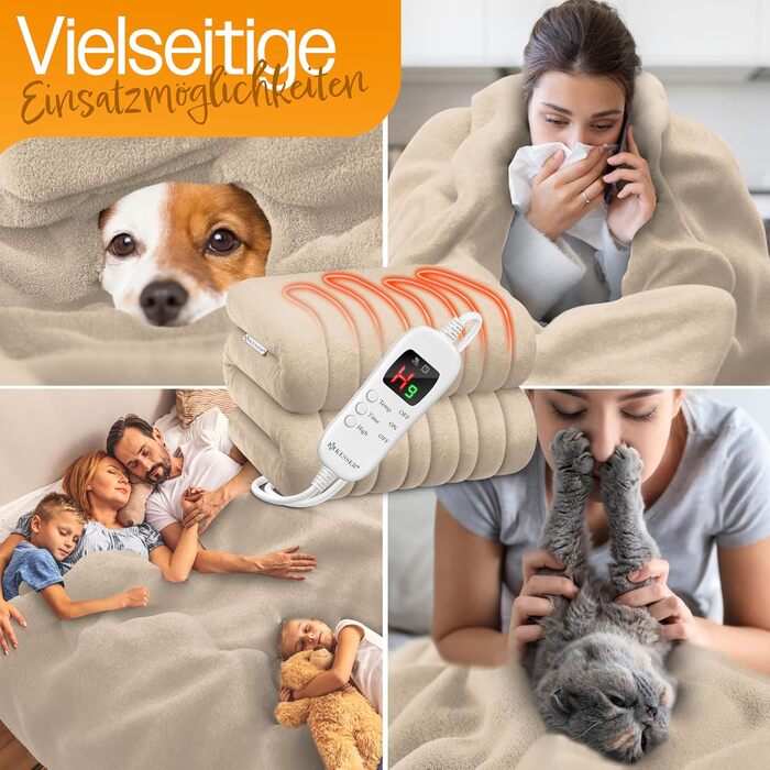 Електрична грілка KESSER® з плюшу 180x130 см сірого кольору | з таймером, автоматичним вимкненням, 9 температурних режимів, цифровим дисплеєм, прання до 40°C, сертифікат TÜV SÜD GS