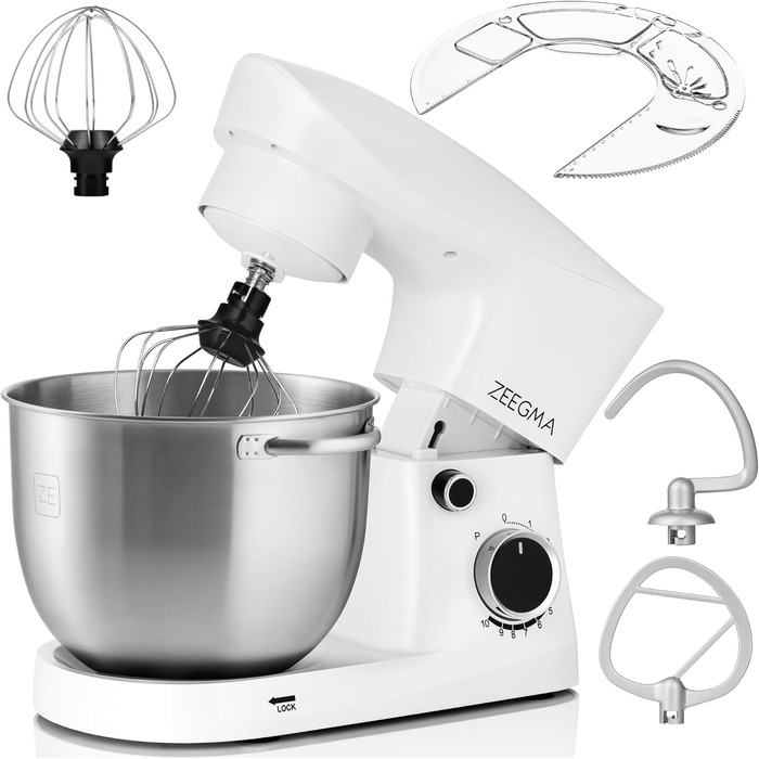 Кухонний комбайн ZEEGMA PLANEET EASY: планетарний міксер 1500 Вт з чашею 5.2 л, 10 швидкостей, насадки для замішування, збивання, готування. Білий