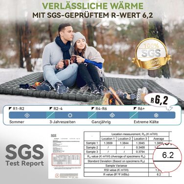 Каремат туристичний HIKENTURE 6.2 R-Wert для 2 осіб, 8 см, надувний, 140x200 см, для 4 сезонів, для кемпінгу, трекінгу, намету, пляжу