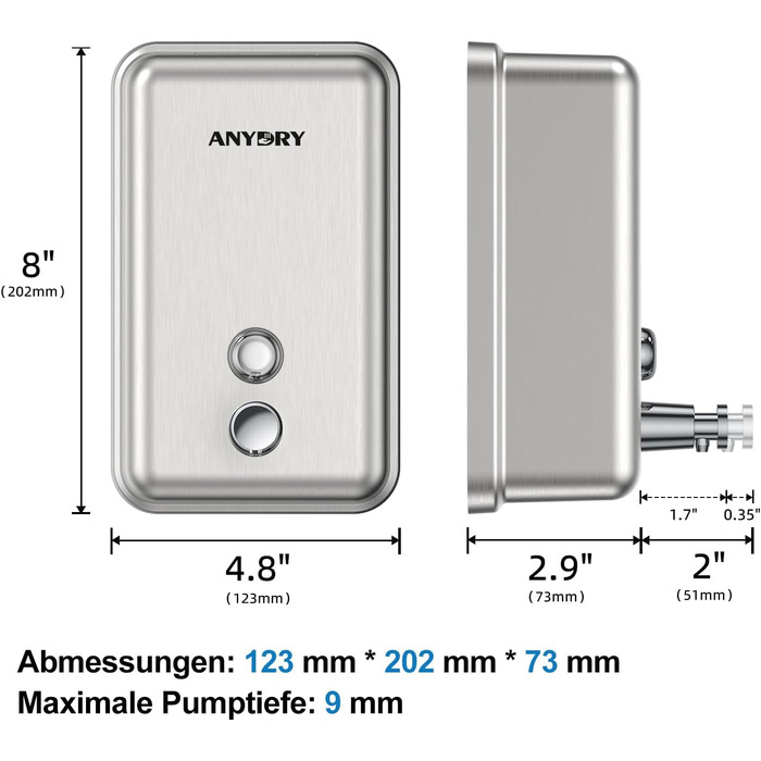 Настінний диспенсер для рідкого мила ANYDRY AD1003, 1000 мл, ручний, нержавіюча сталь, матова