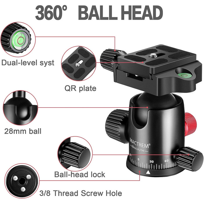 Штатив для камери MACTREM 80' з кульковою головкою 360°, міцний штатив з алюмінію для DSLR, Canon, Nikon, телескоп, з сумкою