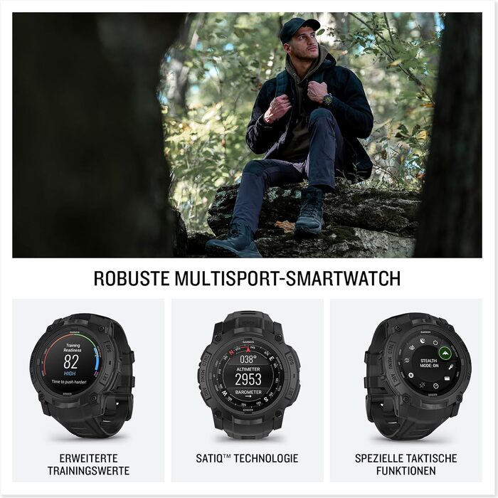 Розумний годинник Garmin Instinct 3 Tactical з AMOLED-дисплеєм: GPS, 80+ спортивних функцій, 24 дні роботи батареї, Health Coach, ліхтарик, сповіщення (50 мм, чорний)