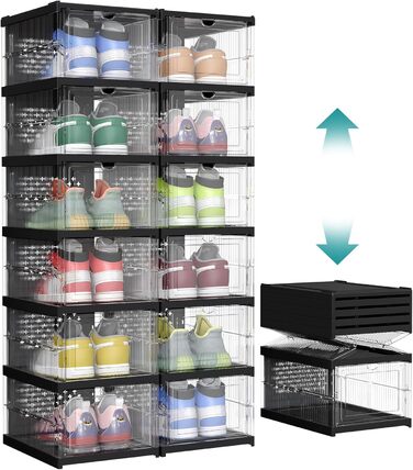 SONGMICS Shoe Cabinet Set, with 18 Shoe Boxes, Integrated Shoe Organizer, Foldable, Portable, for Shoes up to Size 46, 1-Minute Assembly, Transparent-Cloud White LSP207W01 (Transparent + Ink Black, 2)