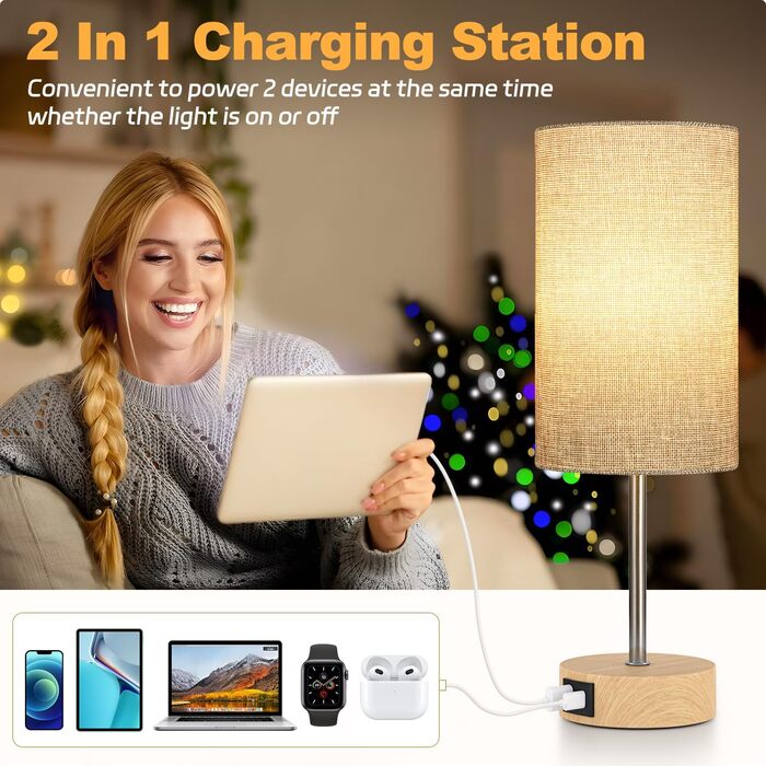 Нічна лампа STANBOW з торшером, USB-порт A+C, регулювання яскравості, тканинний абажур, для спальні, вітальні, дитячої кімнати, гуртожитку, домашнього офісу (сірий абажур, дерев'яна основа)