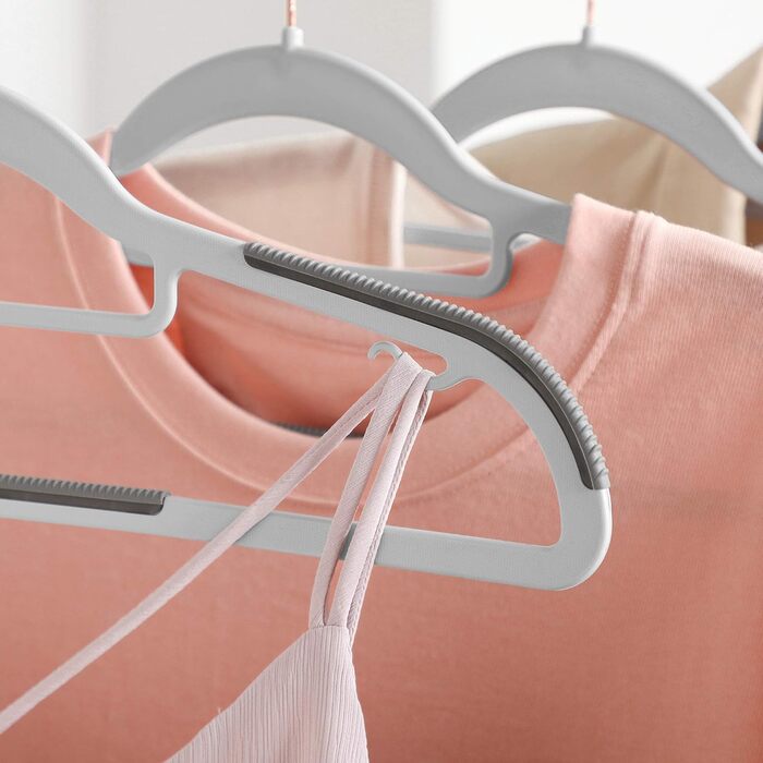 SONGMICS Clothes Hangers, 30-Piece Set, Plastic Hangers, Non-Slip, Space-Saving, 0.5 cm Thick, 42 cm Long, 360° Swivel Hook in Rose Gold, Light Gray-Dark Gray CRP020G01