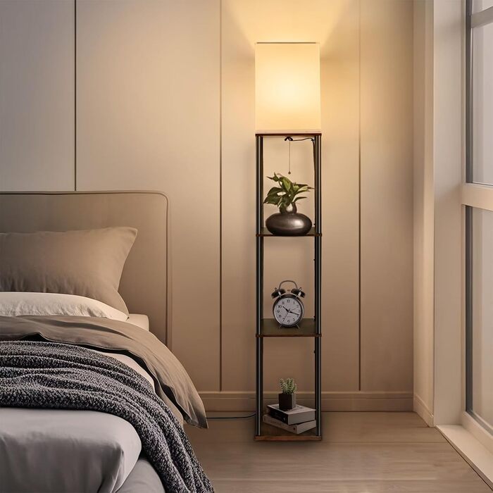 Сучасна торшер BBHome з полицею, регульоване LED освітлення 3 кольорів, 9W, для вітальні, спальні, офісу, дерево, білий/rustikales Braun