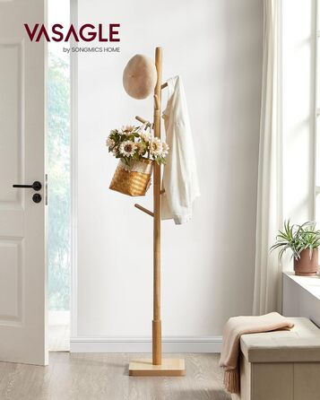VASAGLE Coat Rack, Clothes Rack Solid Wood, Tree Shape Jacket Stand, 8 Hooks for Jackets, Hats, for Entryway, Hooks and Holding Rod made of Rubberwood, Cloud White RCR00W02 (Natural Beige, 1)
