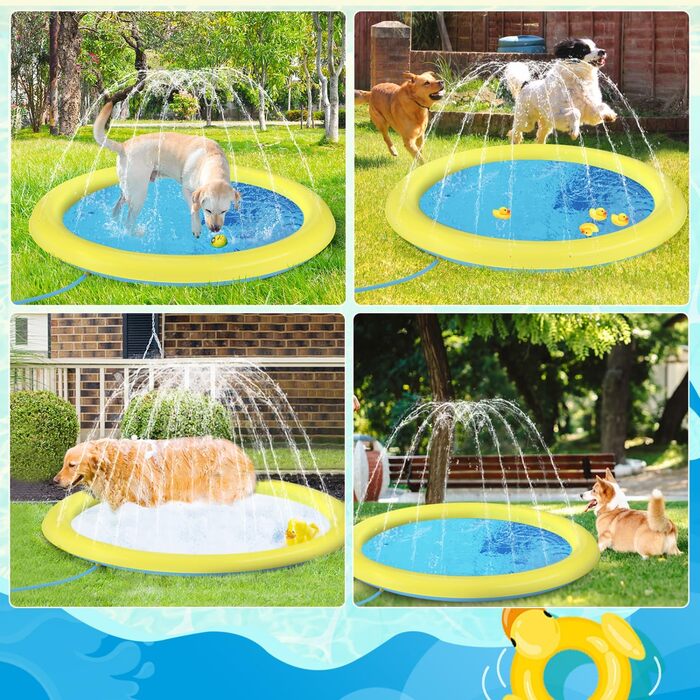 Nobleza Hundepool, D170 cm/67 in Splash Pool for Large & Small Dogs, 0.55mm Thickened Anti-Slip Sprinkler Mat Foldable Splash Pad for Summer, Garden, Outdoors (D1.4m, Yellow & Blue)