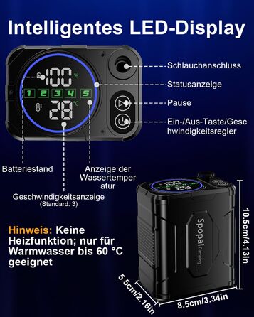 Портативний душ для кемпінгу Spopal 13000 mAh, водонепроникний IPX8, з цифровим дисплеєм та функцією паузи, для подорожей, піших прогулянок, миття авто (Чорний)