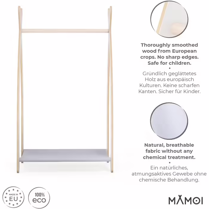 MAMOI® Clothes Rack Baby Nursery | Children's Clothes Rack 106x95x32cm / 53x95x32cm | Children's Clothes Stand Baby | Coat Rack | Baby Wardrobe | Children's Wardrobe | 100% ECO | Made in EU (1 Module - 1 Shelf, White - Light Grey)