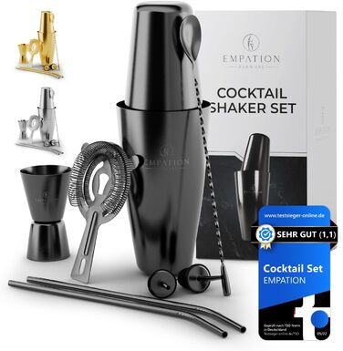 Набір для коктейлів EMPATION: професійний шейкер Boston, 8 предметів, 825 мл, нержавіюча сталь, чорний
