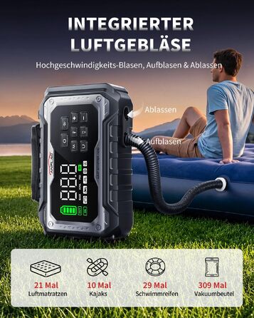 Пусковий пристрій (бустер) для авто 8000A з компресором 160 PSI та повітродувкою, Powerbank, чорний