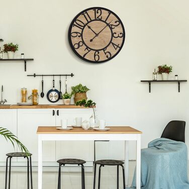 Large Wall Clock Without Ticking, 50 cm / Silent Wood Vintage Wall Clock Retro Battery Powered Modern For Living Room Bedroom, Kitchen, Farmhouse, Office Decoration (14 inch, Black Metal - Arabic Numerals)