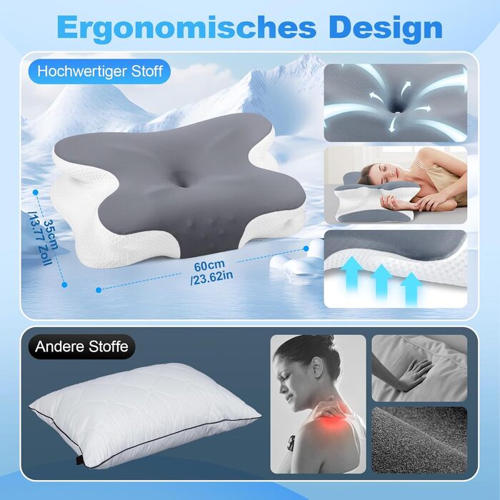 Ортопедична подушка для сну з Memory Foam - для шиї, спини та сну на боці. Подушка з ефектним покриттям з льонової тканини (темно-сіра)