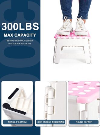 Складний табурет HOUSE DAY 22см, рожевий та білий. Стабільний, легкий, з антиковзким покриттям. Ідеально для дітей, ванної кімнати, кемпінгу, пікніка та дому.