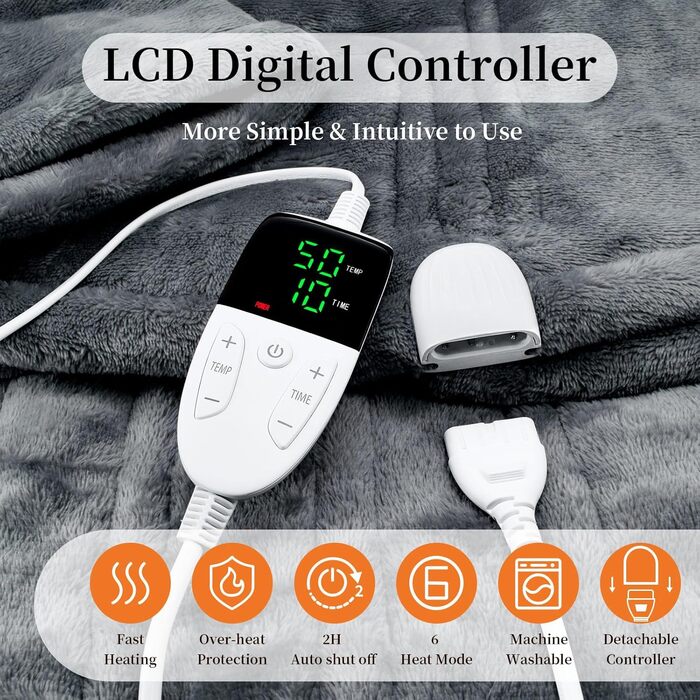 Електрична гріюча ковдра TOHDNC 180x150 см, фланель, 6 режимів нагріву, таймер, захист від перегріву