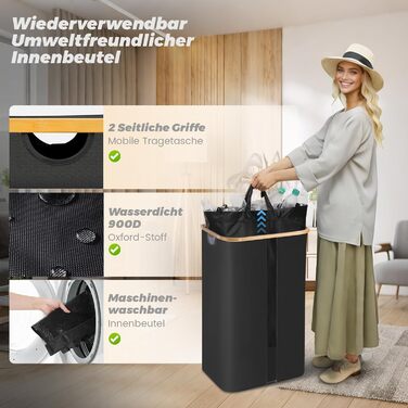Laundry basket with 2 compartments, deposit bottle collection container with lid, container for deposit bottles & glass recycling & paper waste, deposit bottle container bamboo with bag, must-have (Black - visualization, 100L)