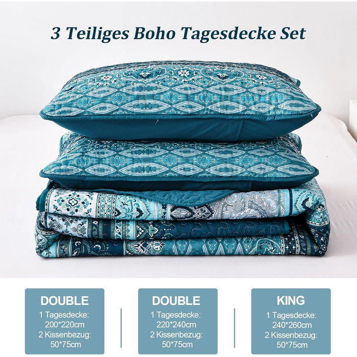 WONGS BEDDING Bedspread 220x240 Bed Cover Bohemian Quilt Steppdecke 3-Piece Double Bed Quilted Bedspread Microfiber Throw Blanket with 2 Pillowcases 50x70 for Bedroom as Sofa Cover (Bohemian) (200x220 cm, Dark Blue)