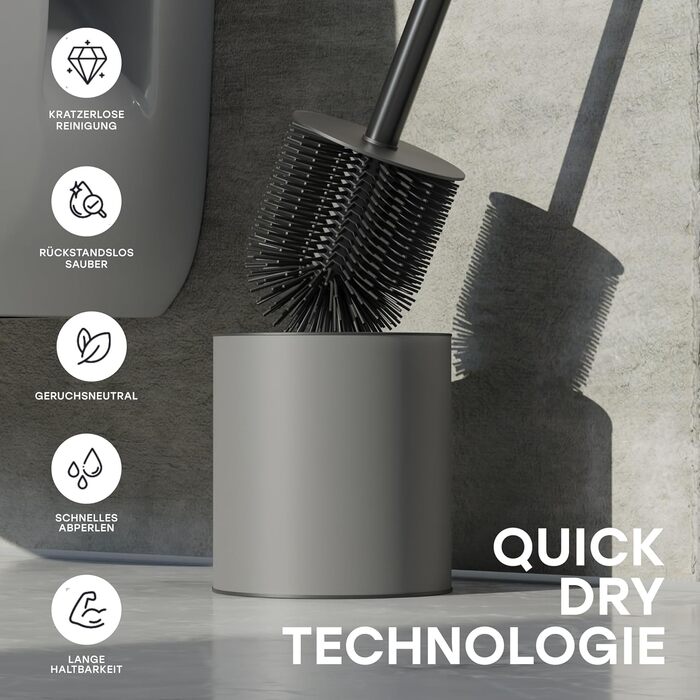 Тойлетний щітка SAVEGA з силікону та нержавіючої сталі - антибактеріальна, з тримачем, сірий колір