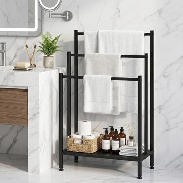 Підставка для рушників підлогова металева, рушниківець freestanding на 3 стріжні, чорний — для ванної кімнати, вітальні та спальні