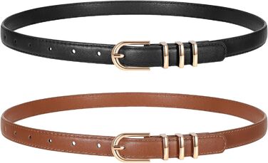 Жіночі шкіряні ремені WERFORU (2 шт.) для джинсів та штанів. Тонкий ремінь з золотою пряжкою. Довжина 110 см, підходить на талію 80-92 см (чорний+коричневий)