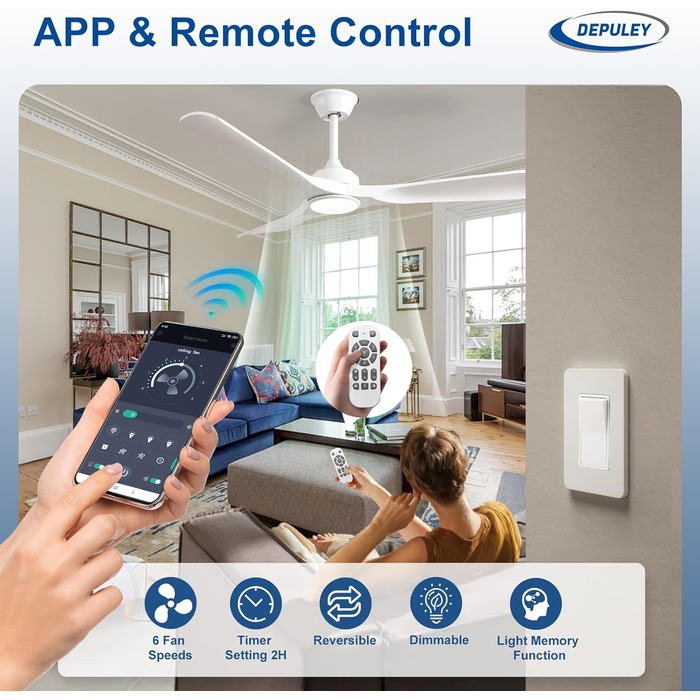 Depuley Потолочний вентилятор з підсвічуванням для вулиці: LED лампа з вентилятором для саду, тераси - 132см, з пультом керування, для вітальні, ресторану, офісу (Білий, 52 дюйми)