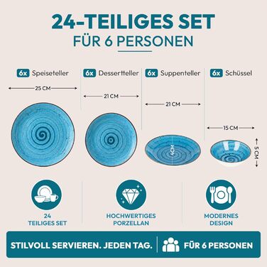 Посуд Porzellan Tafelservice 24 предмети, турецький блакитний (Blue Lagoon): набір тарілок та мисок для 6 осіб, ручна робота, стійкий до подряпин