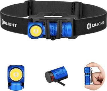 OLIGHT Perun 2 Mini LED Headlamp 1100 Lumens 150 Meters, USB Rechargeable EDC Flashlight with Red Light, 5 Light Modes Waterproof Headlamp with Headband for Camping, Emergencies (Blue, Cold White)