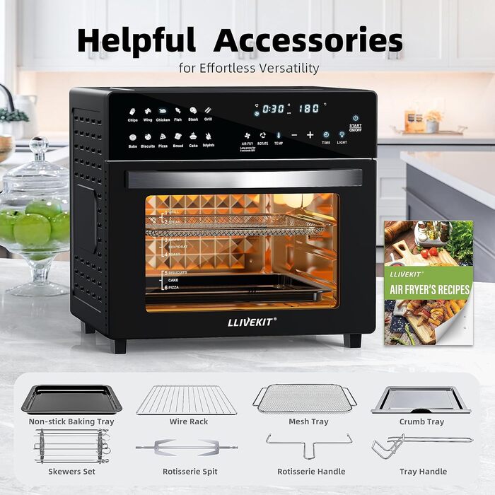 Електрична аерофритюрниця та міні-піч LLIVEKIT 26 л, 1700 Вт, 12 програм, з LED-дисплеєм, функціями попереднього нагріву, підтримки тепла та розігріву, з кулінарною книгою, чорна