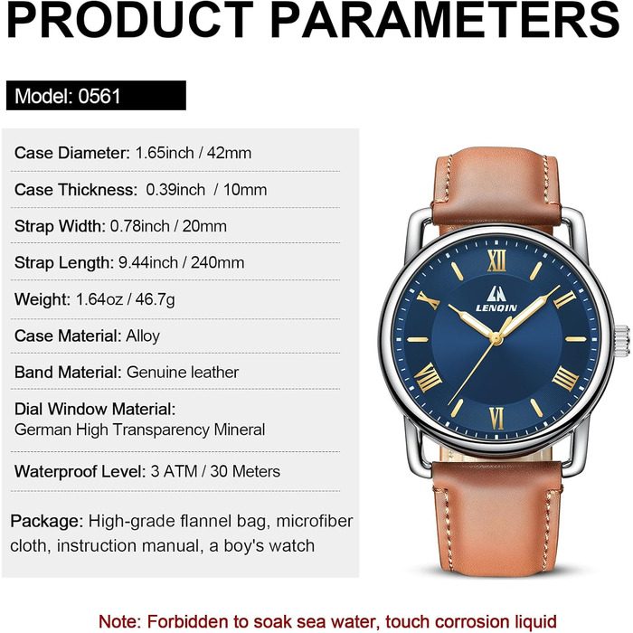 Годинник чоловічий LN LENQIN: аналоговий кварцовий годинник для чоловіків, водостійкий 30M, шкіряний ремінець, модний бізнес-стиль (сріблястий, блакитний)