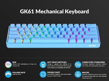 Механічна ігрова клавіатура Geeky GK61: 61 клавіша, RGB підсвічування, Hot-Swap, ANSI US Layout