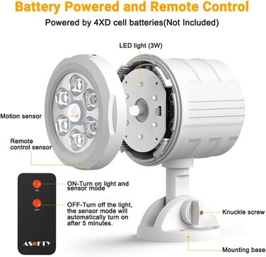 ASOFTY Motion Sensor Outdoor Battery Spotlight with Remote Control, 6 LED Wireless Battery-Powered 1000LM Spot Lamps, IP65 Waterproof Security Lamp for Garden, Garage, Indoor and Outdoor