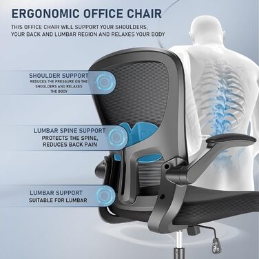 Ергономічне крісло для офісу та робочого столу з підйомними підлокітниками, регульованою підтримкою попереку, регульованою висотою поворотного сидіння та спинкою з сіткою, що нахиляється до 130°, чорне