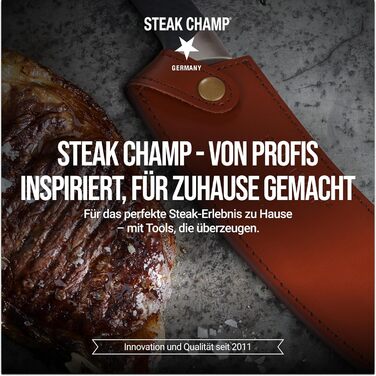 Ніж для стейків Steakchamp 22 см для кухні та BBQ, сталь високої якості, ручне заточування, з антиковзкою ручкою, чохол зі шкіри