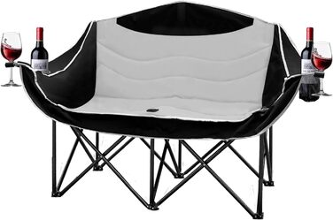 Кампанінг стілець подвійний великий, м'який, з підсклянником, складаний для 2 осіб, чорно-білий