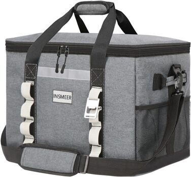 INSMEER 48L Термосумка-холодильник 48л, XXL, для пікніка, кемпінгу, пляжу, туризму. Водостійка, теплоізольована сумка-шопер. Темно-сірий колір.