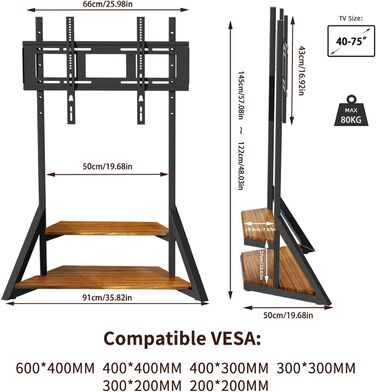 Стійка для телевізора Boden 65-100 дюймів з поличкою, чорна, VESA 800x600, на колесах