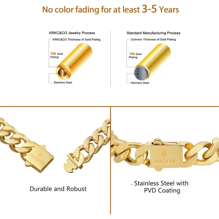 Чоловічий браслет KRKC&CO, кубинське плетиво, 18 мм, Miami Iced Out, кубинське панцерне з'єднання, 18-каратне золото, міцний, Urban Streetwear, браслет у стилі хіп-хоп для чоловіків (Golden-12mm, 19.0 см)