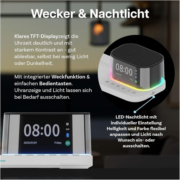 Бездротова зарядна станція 5-в-1 MMOBIEL MagSafe Qi2.2 25W з годинником, Bluetooth-колонкою та нічником LED (біла) для iPhone, Apple Watch, AirPods