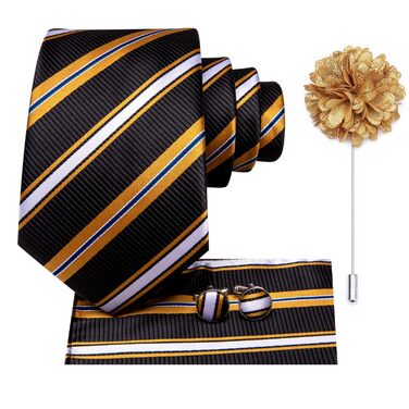 Чоловіча краватка Hi-Tie з краватковою галстуком та нагрудною хустинкою (смугаста темно-синя з золотом)