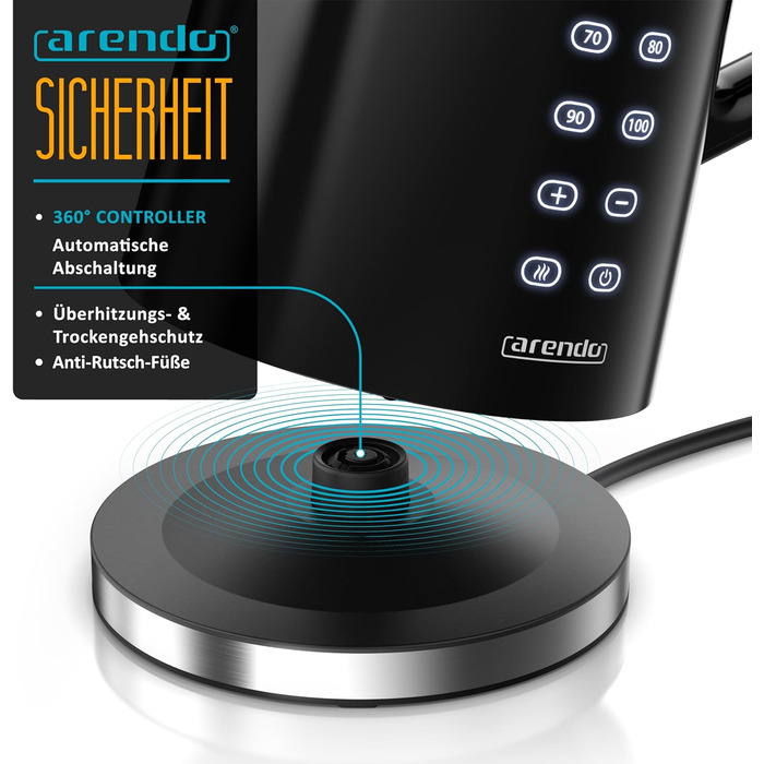 Електричний чайник Arendo з регулюванням температури, нержавіюча сталь, подвійні стінки Cool Touch, дисплей, бездротовий, 2200 Вт, 1,7 л, захист від перегріву, функція підтримки тепла, чорний