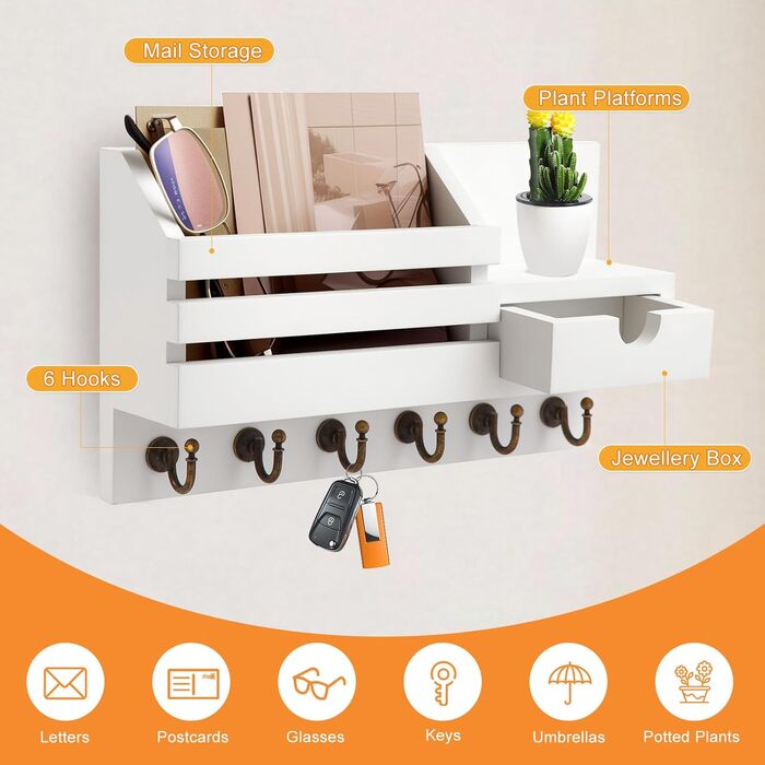 Дерев'яне ключниця з полицею та шухлядою, 6 гачків, для прихожей, офісу, на стіну (білий)