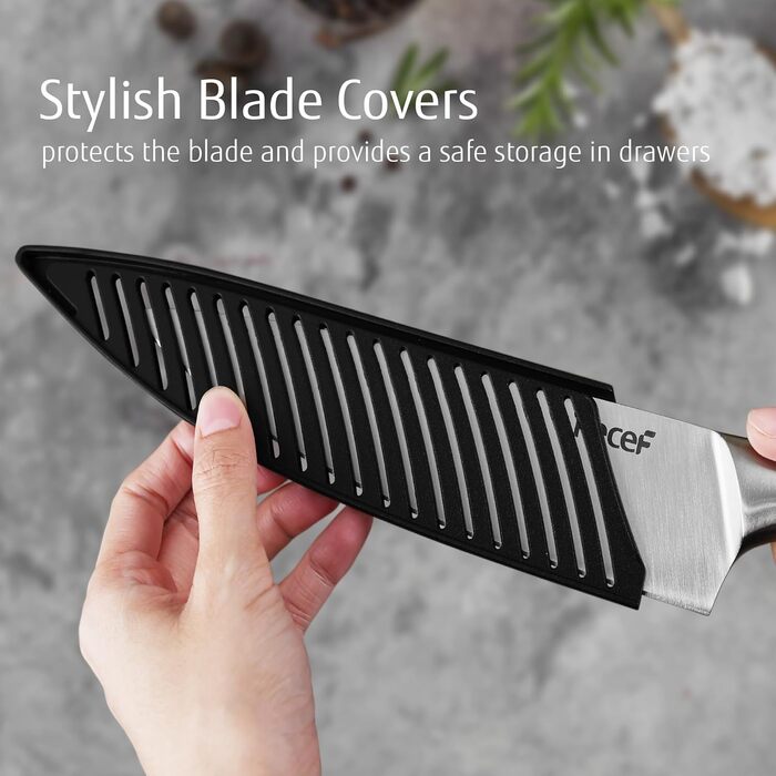 Набір кухонних ножів Hecef (3 шт) з нержавіючої сталі, сріблястого кольору, з порожнистим руків'ям, з захисними піхвами